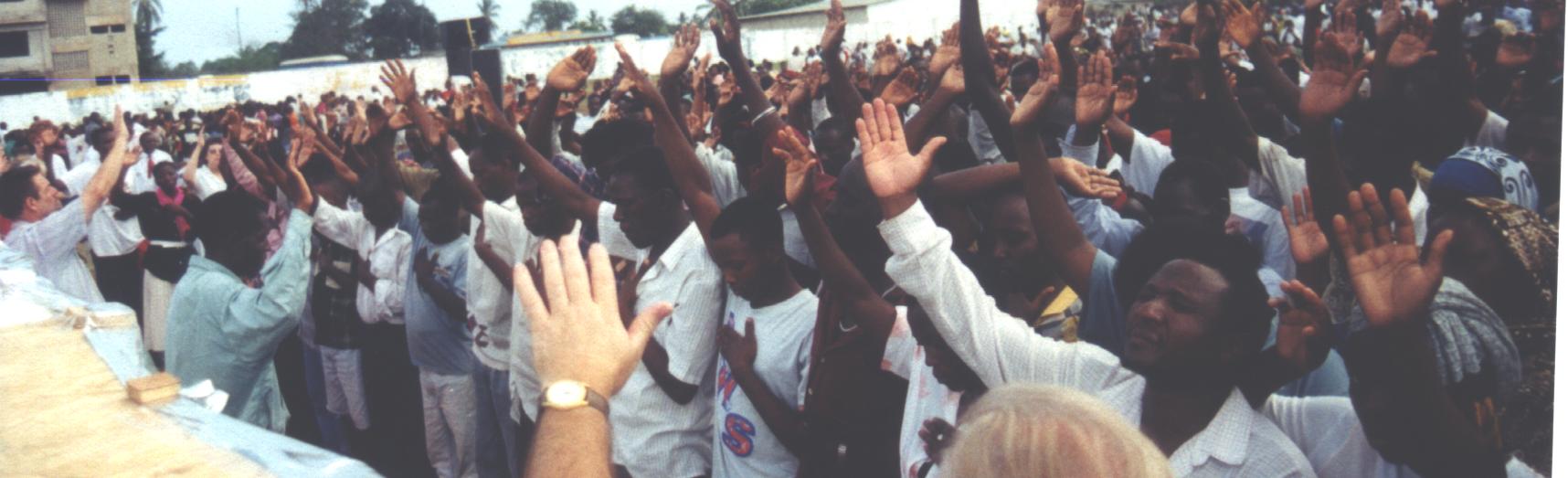 In this picture, Chuck is to the far left, hand raised. These wonderful Africans have come to the altar to find Jesus. Instead He found them! Hallelujah! He was never lost, they were.