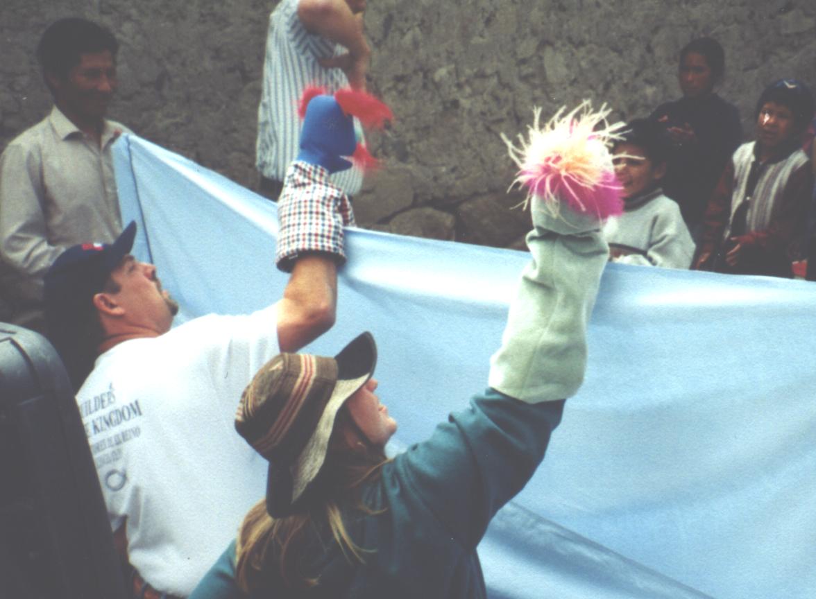 Puppets manned by Missionary to Belize Chuck Kleffman and Missionary to Peru Le Anna Chilcot Brown. 